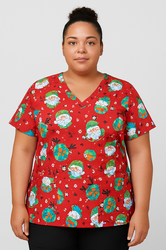 Festive Funk Zavate Print Christmas Scrub V Neck Top 1054 FEFU