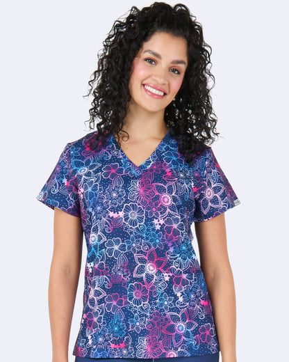 Floral Blues Zavate Print Scrub V Neck Top 1054 FRBU