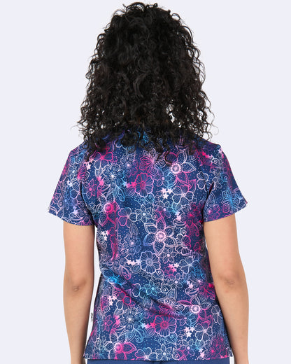 Floral Blues Zavate Print Scrub V Neck Top 1054 FRBU