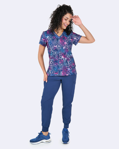 Floral Blues Zavate Print Scrub V Neck Top 1054 FRBU