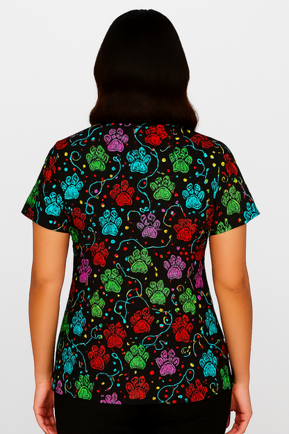 Pawfect Lights Zavate Print Christmas Scrub V Neck Top 1054 PWLT