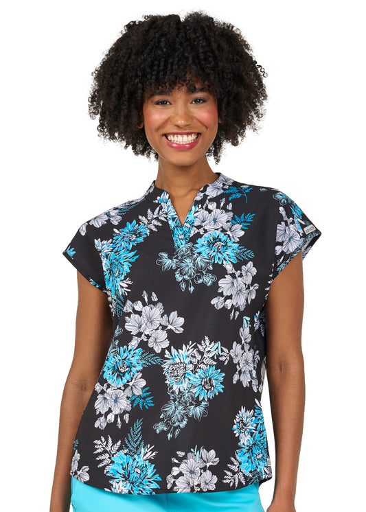 Blooming Turquoise Zavate Diana Print Scrub Mandarin Collar Top 1172 BMTQ