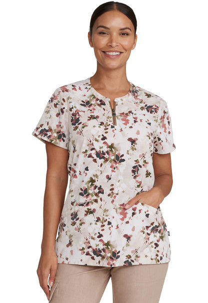 Rustic Floral Healing Hands Print Scrub Zip Front Top 2271 PYFR