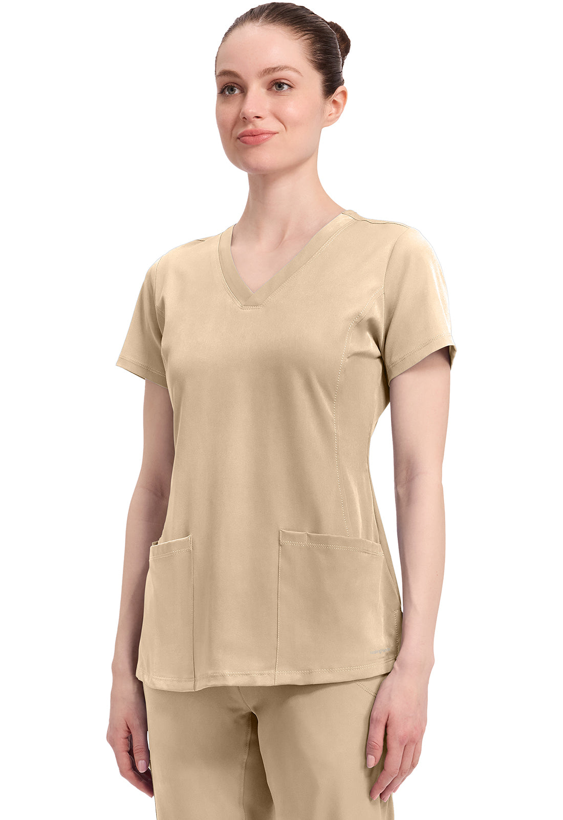 Blusa de cuello en V Monica de Healing Hands Works en negro, gris, azul marino, peltre y azul real.