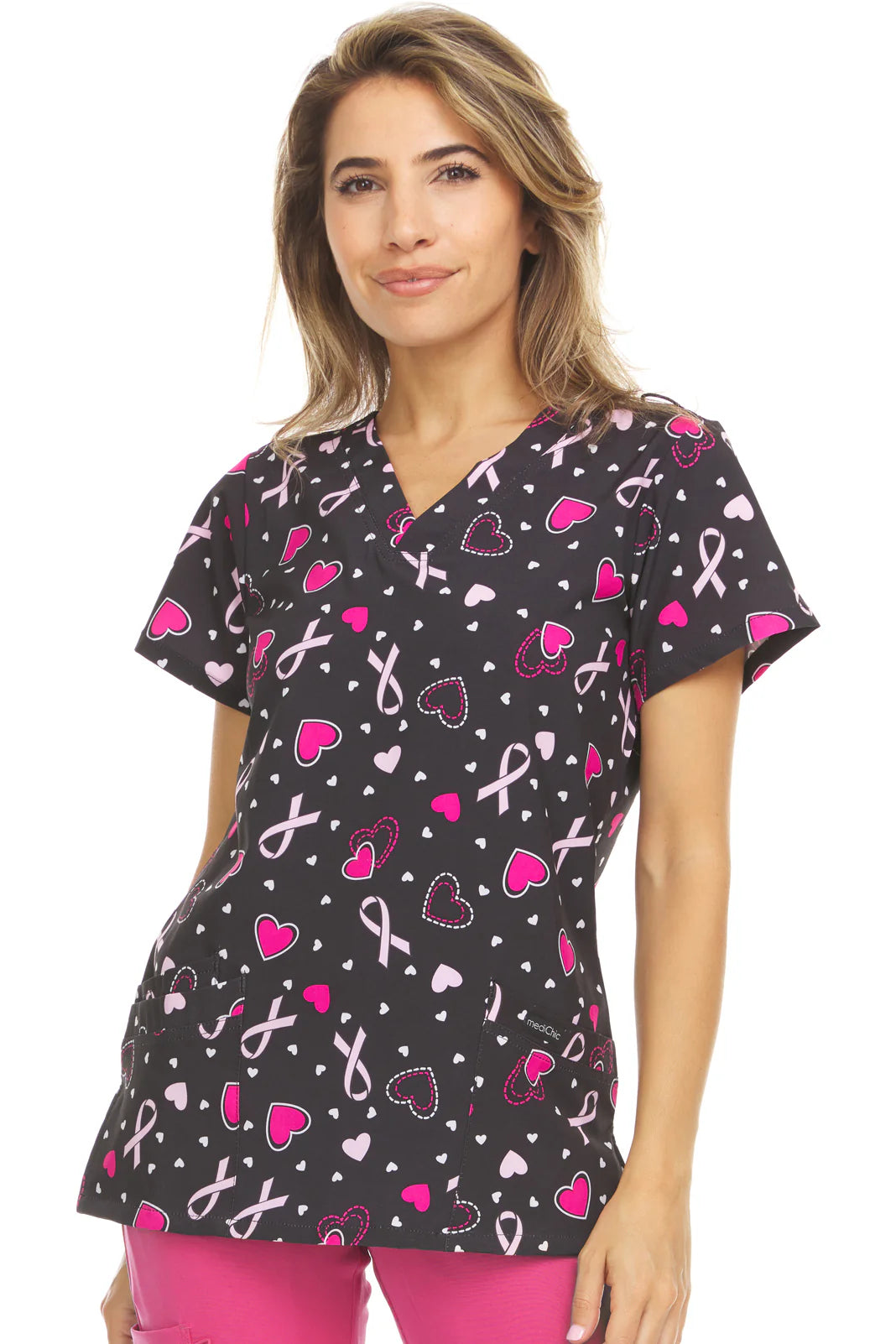 Hearts and Ribbons Medichic Print V Neck Scrub Top MC4512 - 42