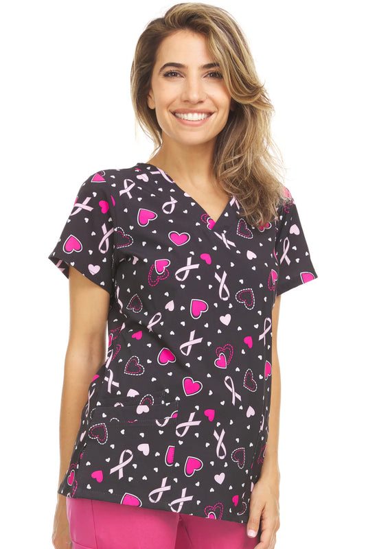 Hearts and Ribbons Medichic Print V Neck Scrub Top MC4512 - 42