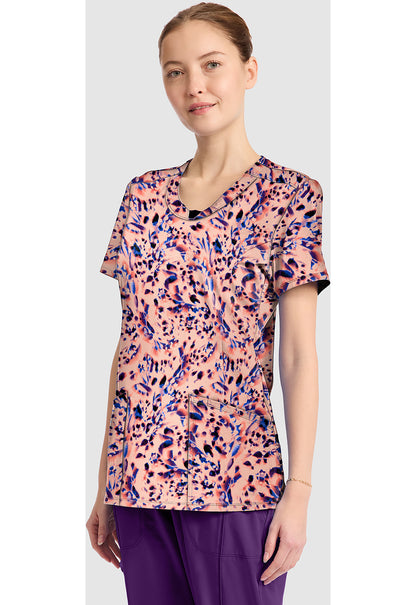 Leopard Blur Cherokee Infinity Print Round Neck Scrub Top CK609 LPBR
