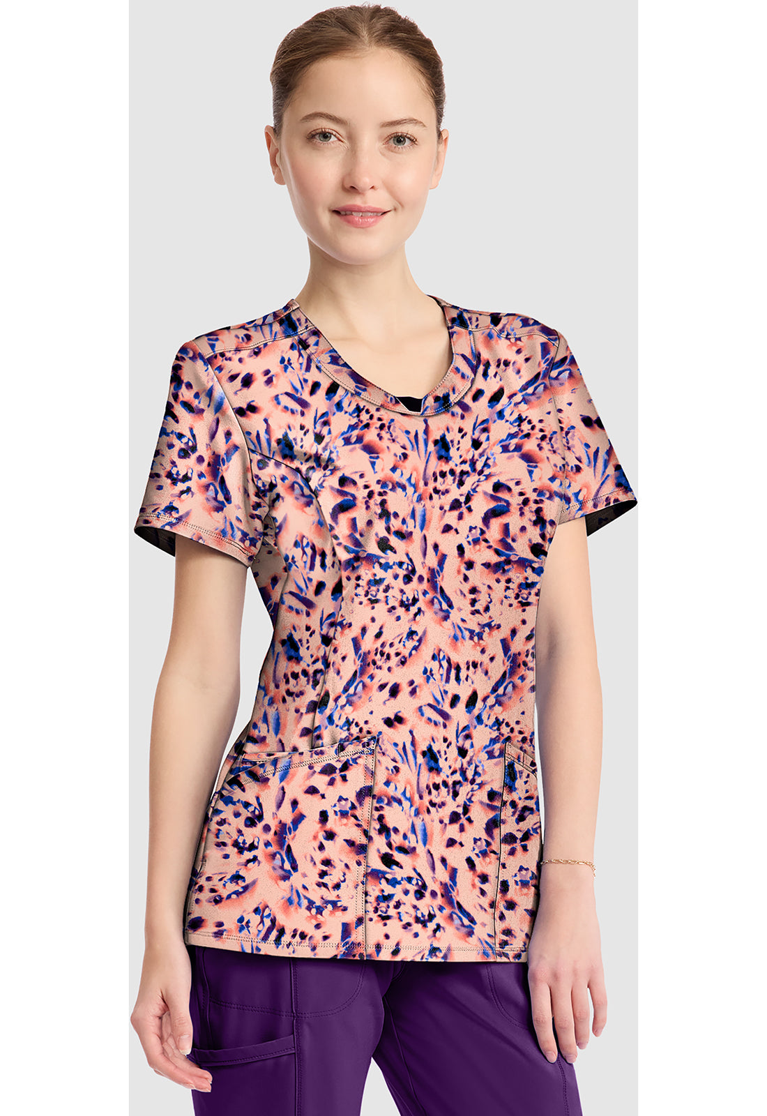 Leopard Blur Cherokee Infinity Print Round Neck Scrub Top CK609 LPBR