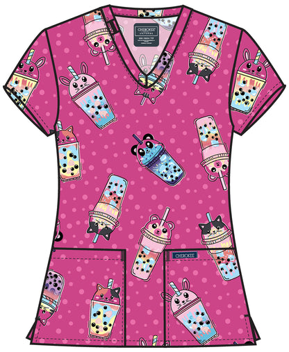 Boba Party Cherokee Scrubs Print V Neck Top CK856 BBAP