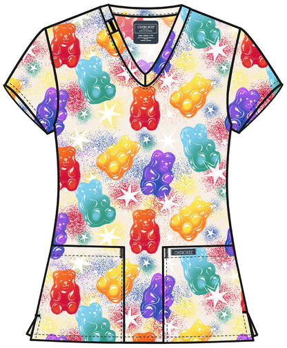Beary Rainbow Cherokee Scrubs Print V Neck Top CK856 BRRW