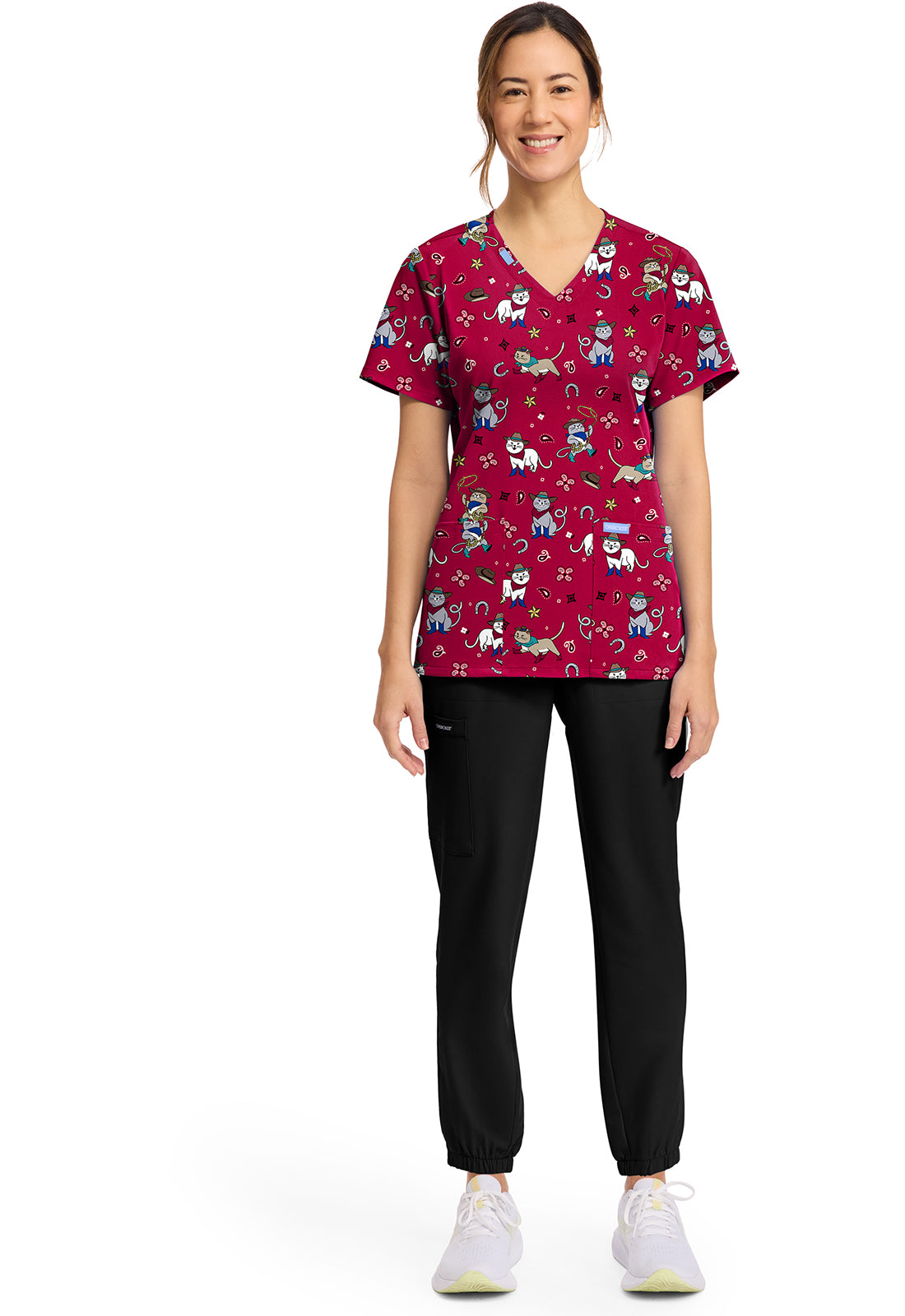 Cowgirl Kitty Cherokee Scrubs Cat Print V Neck Top CK856 CGKT