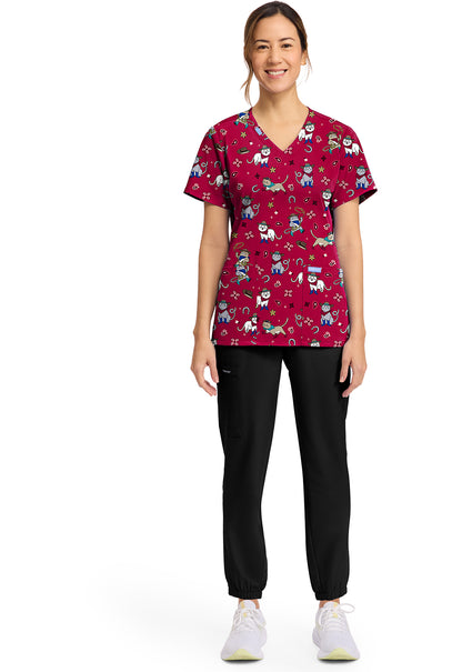 Cowgirl Kitty Cherokee Scrubs Cat Print V Neck Top CK856 CGKT