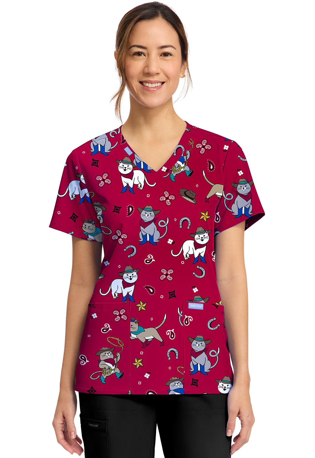 Cowgirl Kitty Cherokee Scrubs Cat Print V Neck Top CK856 CGKT