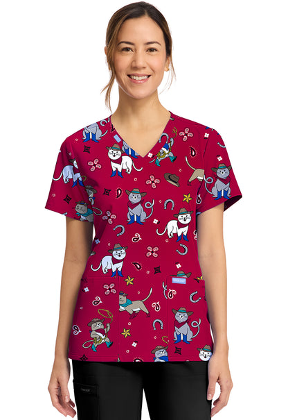 Cowgirl Kitty Cherokee Scrubs Cat Print V Neck Top CK856 CGKT