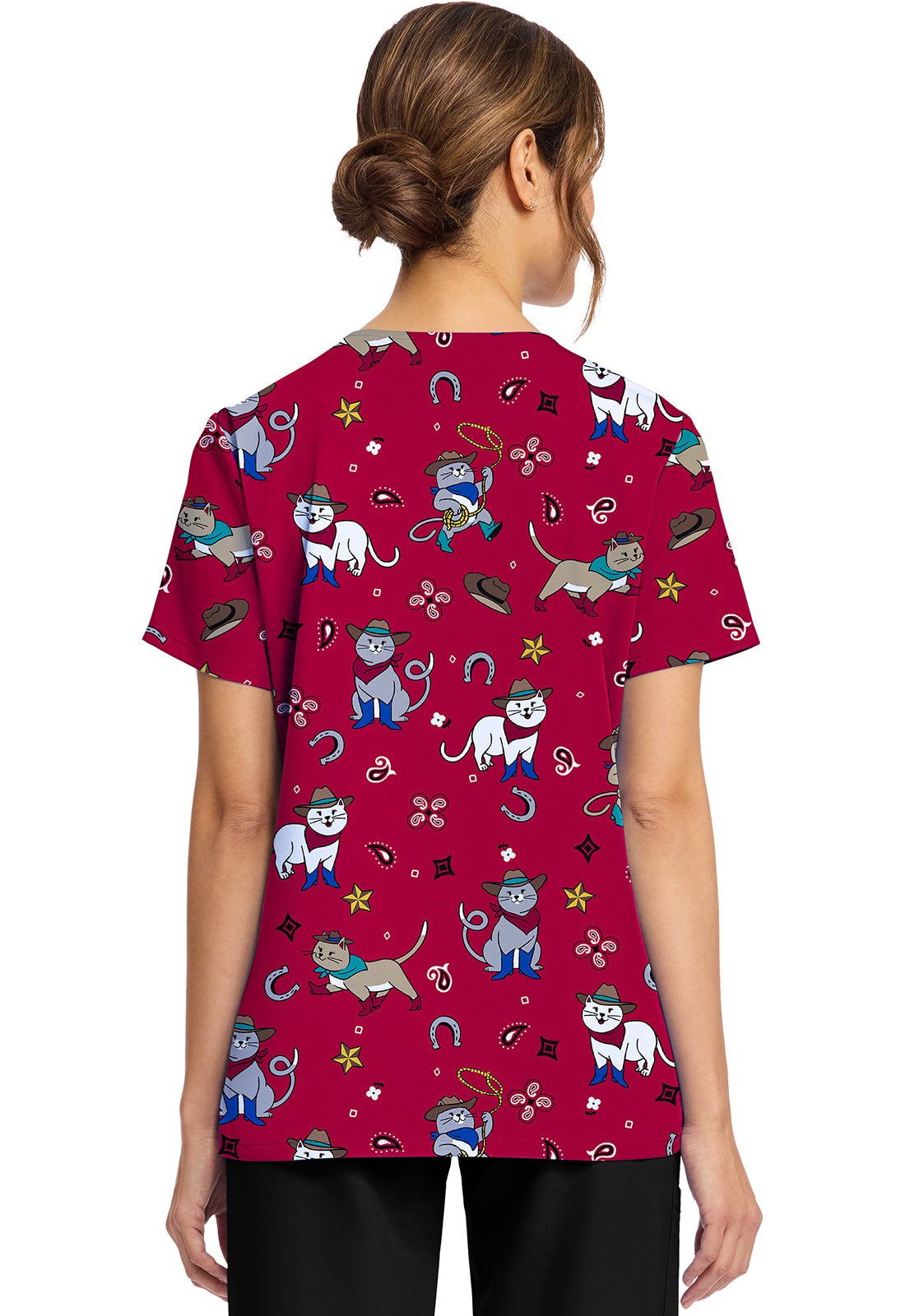 Cowgirl Kitty Cherokee Scrubs Cat Print V Neck Top CK856 CGKT