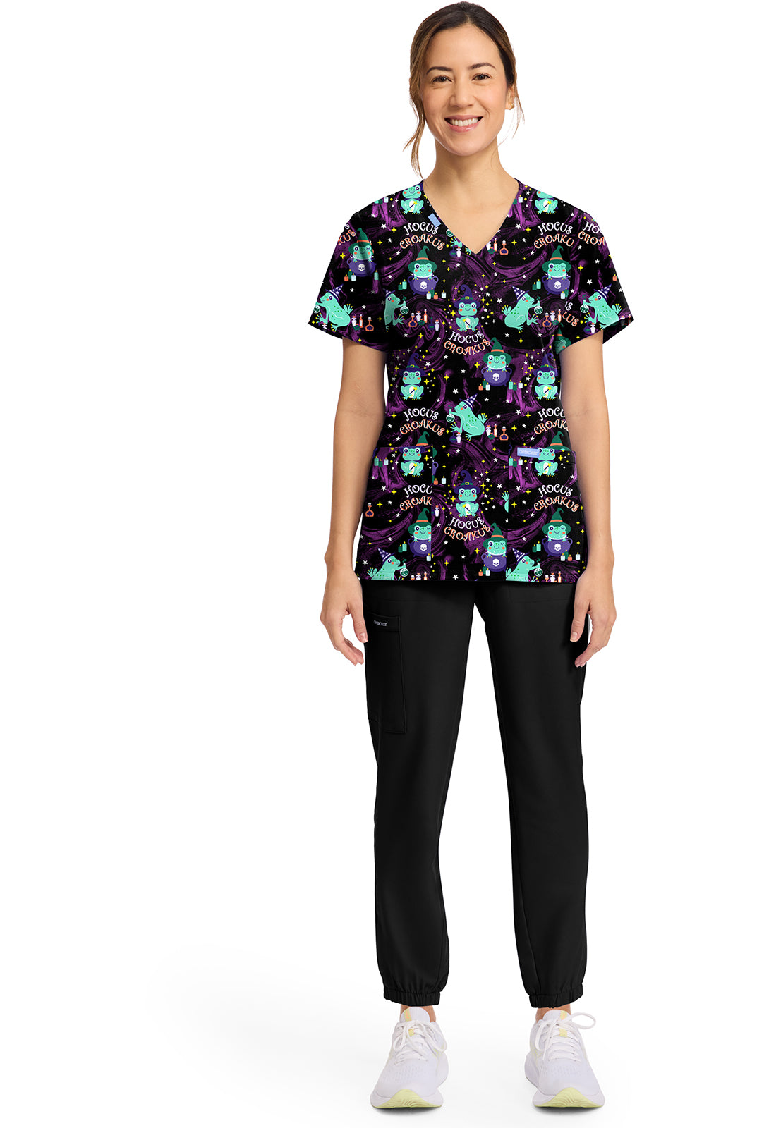 Hocus Croakus Cherokee Scrubs Frog Halloween Print V Neck Top CK856 HCCK