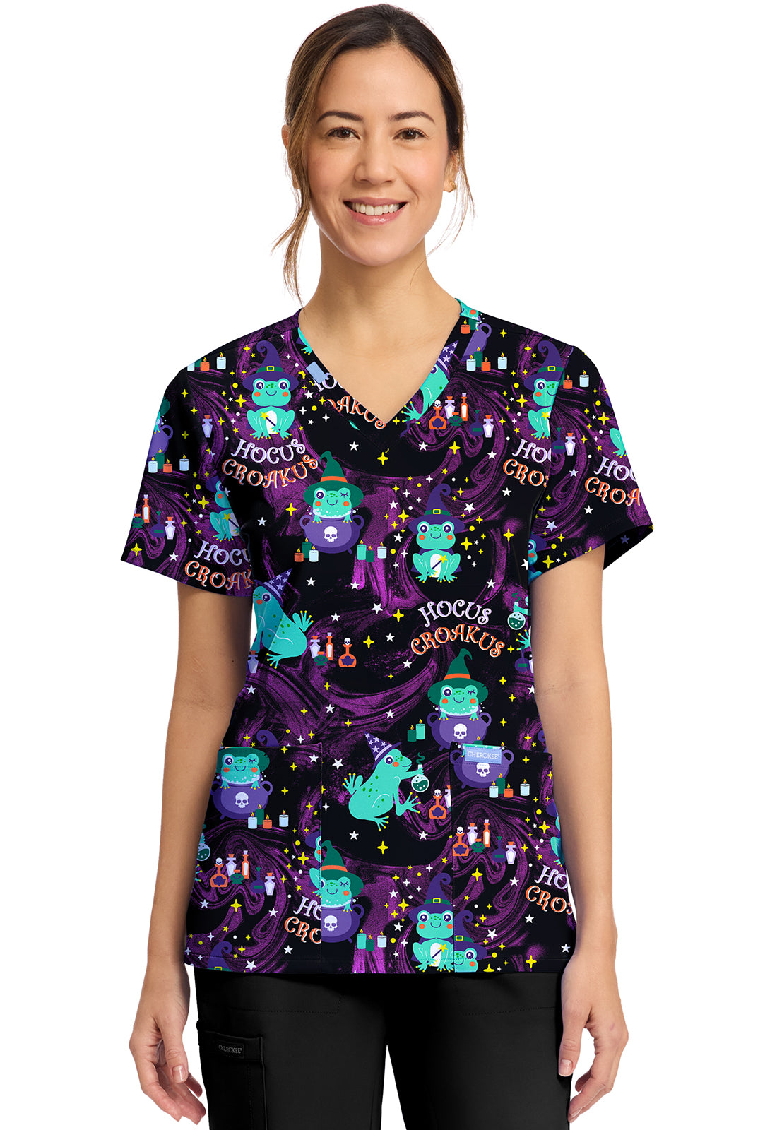 Hocus Croakus Cherokee Scrubs Frog Halloween Print V Neck Top CK856 HCCK
