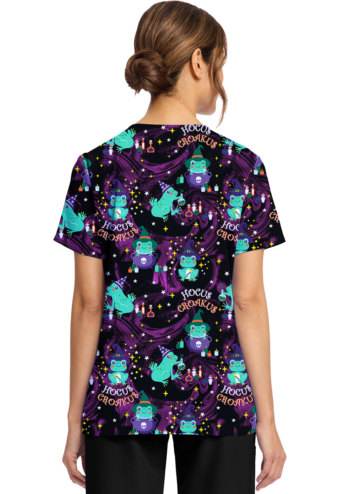 Hocus Croakus Cherokee Scrubs Frog Halloween Print V Neck Top CK856 HCCK