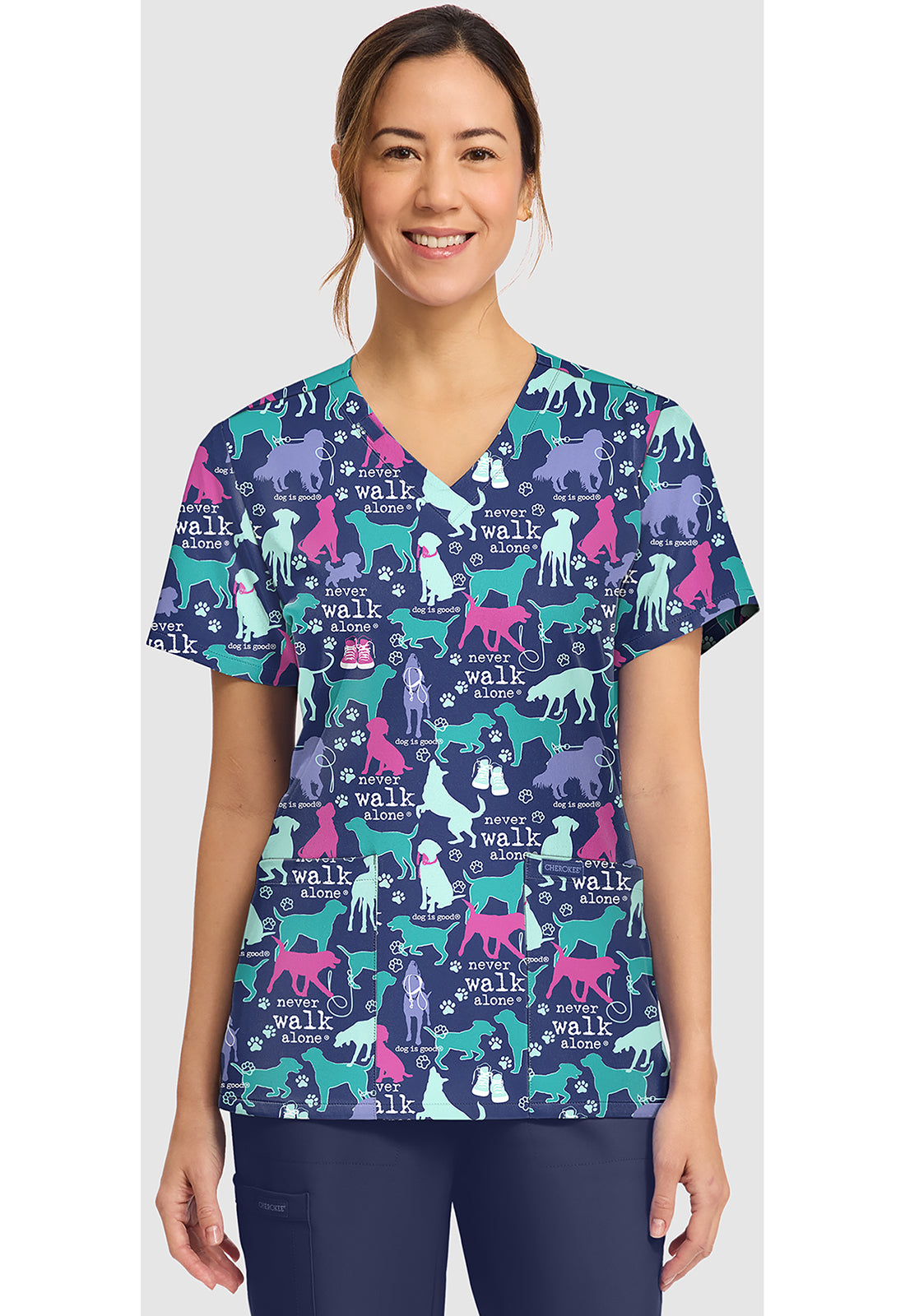 Walk With Dog Cherokee Print V-Neck Scrub Top CK856 OGNV