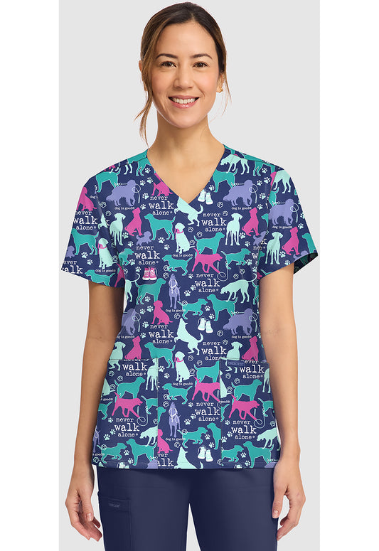 Walk With Dog Cherokee Print V-Neck Scrub Top CK856 OGNV