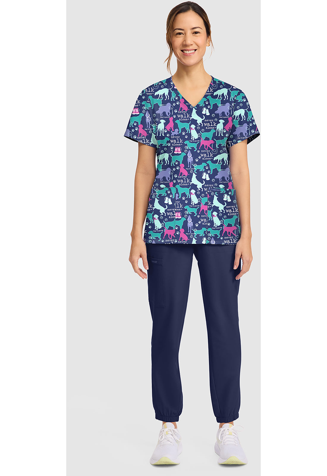 Walk With Dog Cherokee Print V-Neck Scrub Top CK856 OGNV