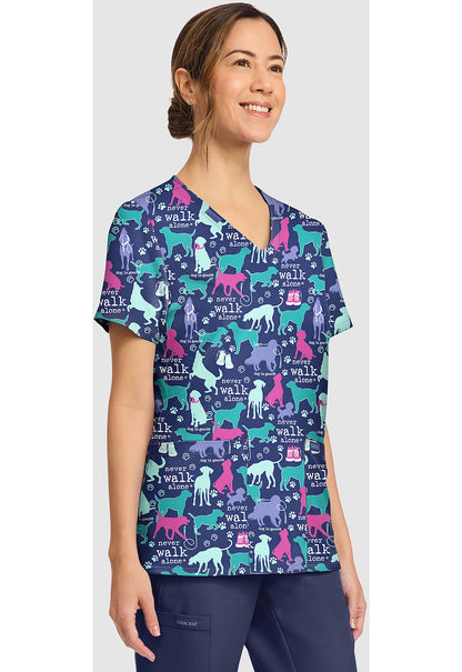 Walk With Dog Cherokee Print V-Neck Scrub Top CK856 OGNV