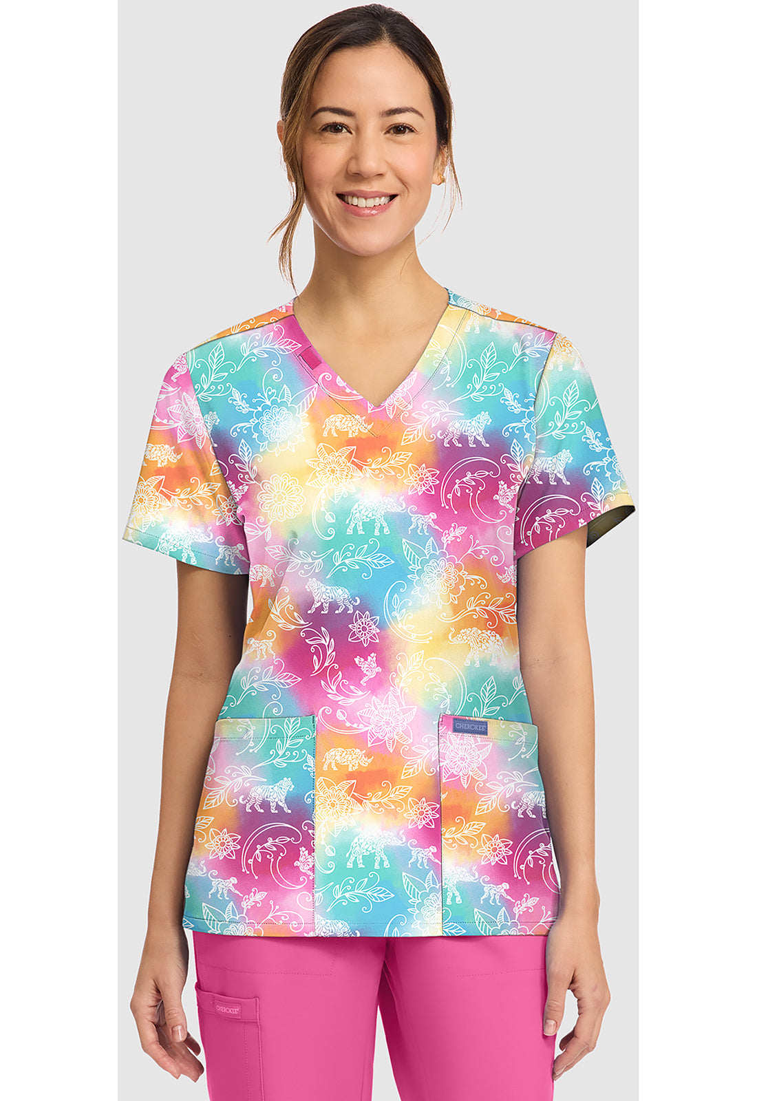 Ornate Jungle Cherokee Print V-Neck Scrub Top CK856 ONJL