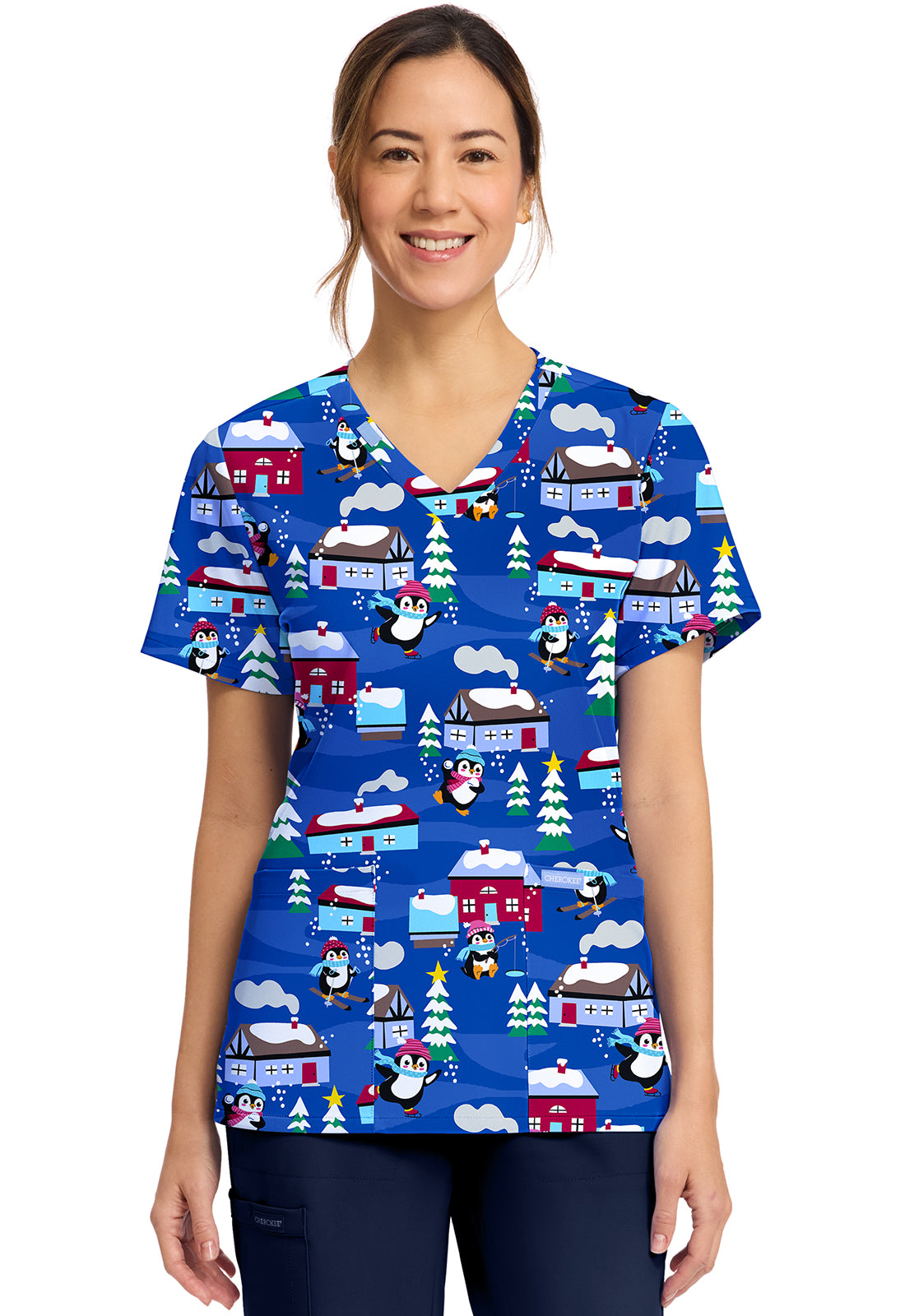 Penguins Playing Cherokee Scrubs Print V Neck Top CK856 PGPY
