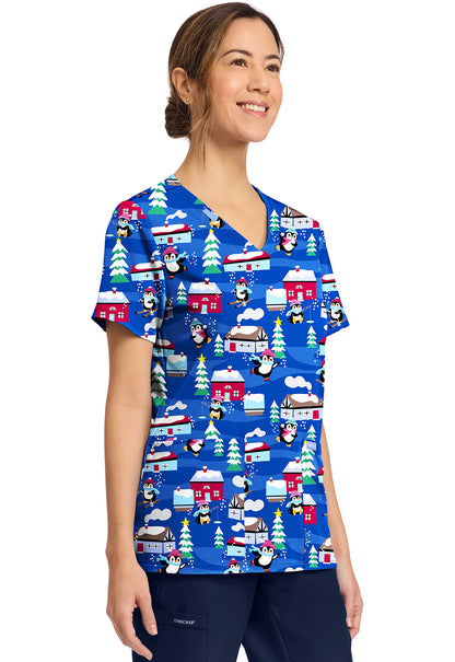 Penguins Playing Cherokee Scrubs Print V Neck Top CK856 PGPY