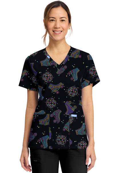 Blusa médica Roller Disco Cherokee con cuello en V y estampado CK856 RRDO