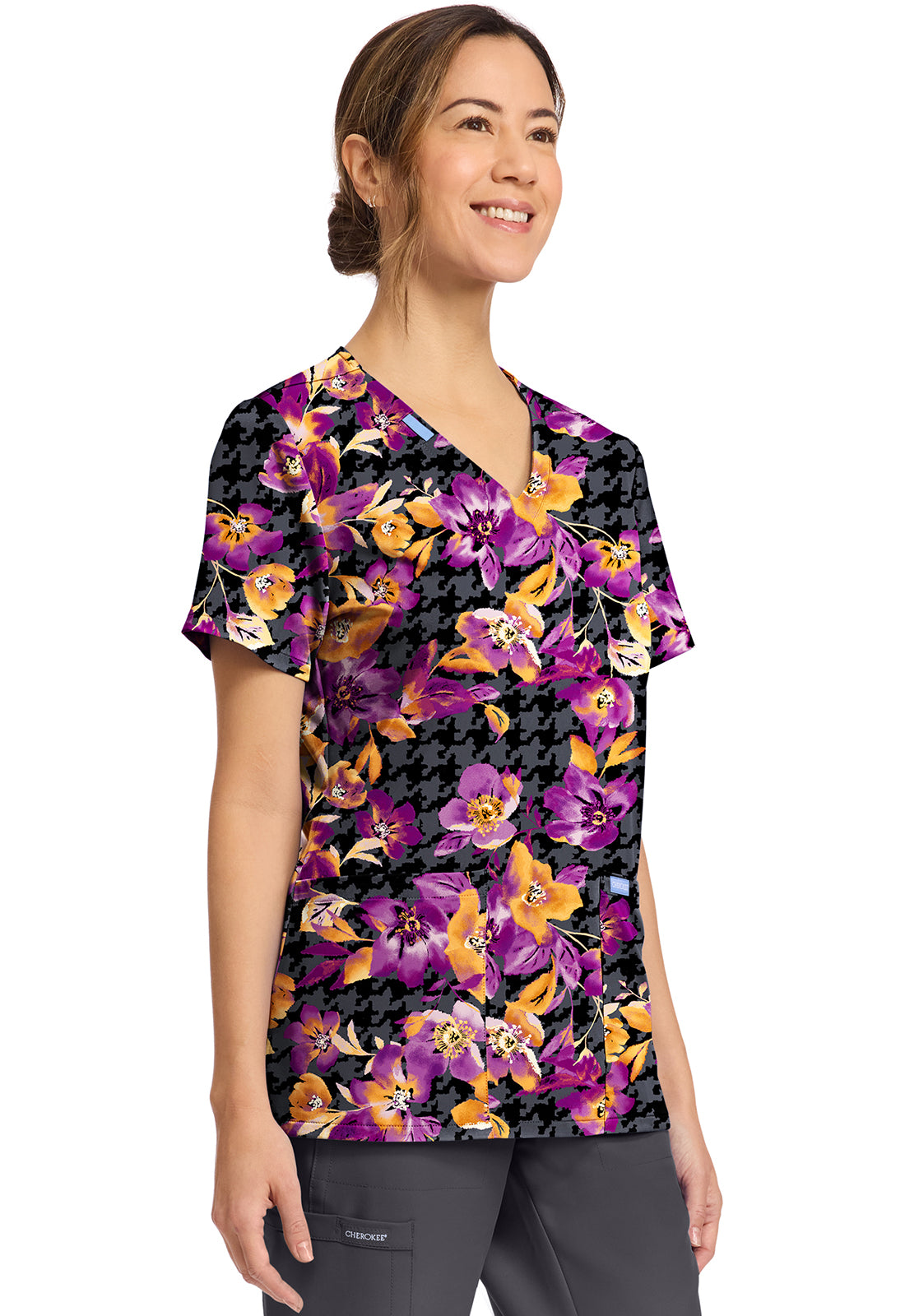 Velvet Floral Cherokee Scrubs Print V Neck Top CK856 VLFL