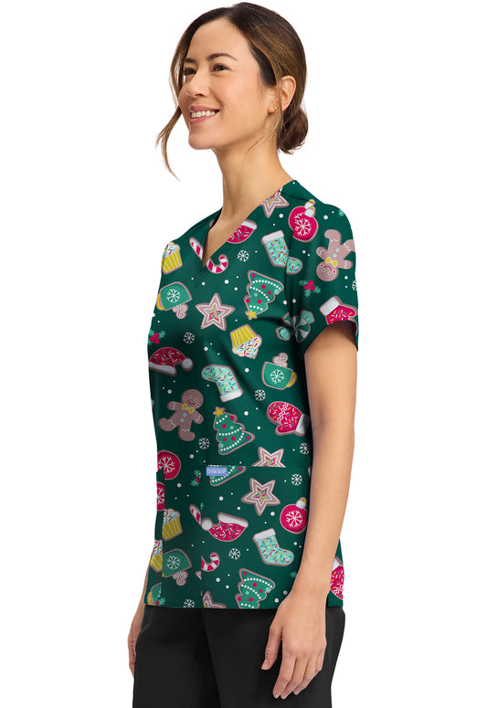 Waiting For Santa Cherokee Scrubs Christmas Print V Neck Top CK856 WFSA