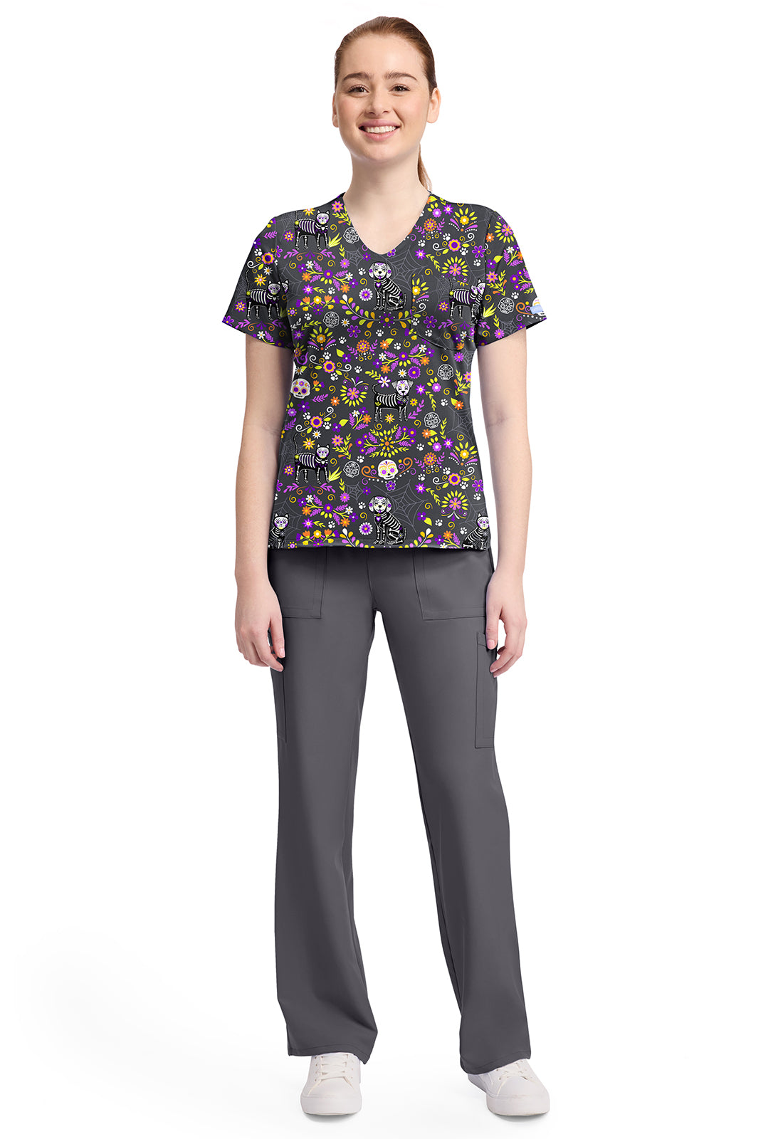 Day Of The Pets Cherokee Cat Print V Neck Scrub Top CK857 DYTP