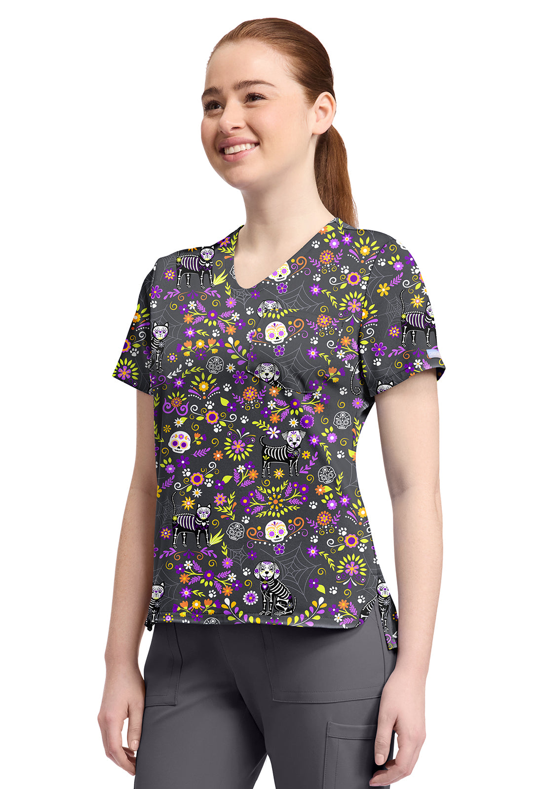 Day Of The Pets Cherokee Cat Print V Neck Scrub Top CK857 DYTP