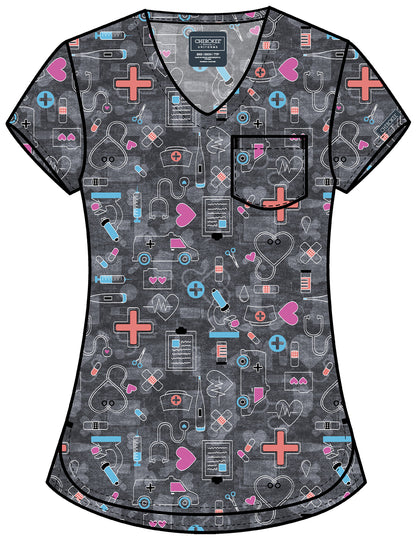 Wellness Icons Cherokee Print V Neck Scrub Top CK857 WNIS