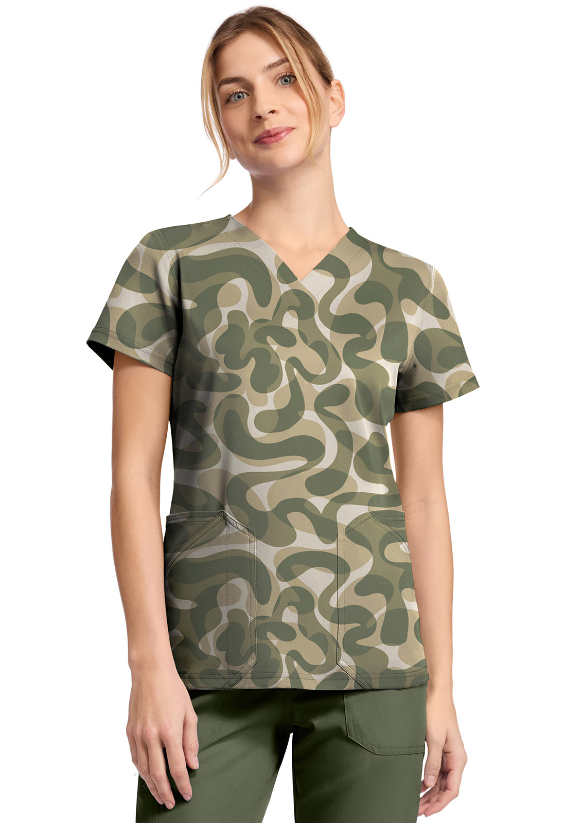 Abstract Camo Dickies Scrubs Print V Neck Top DK667 ATCA