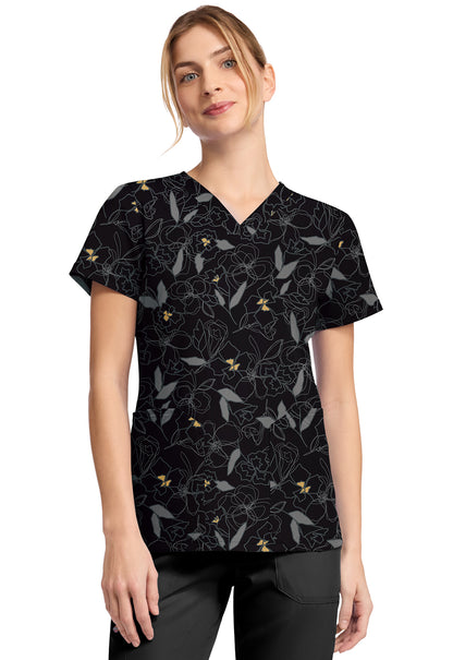 Scribble Floral Dickies Print V Neck Scrub Top DK667 SRFL