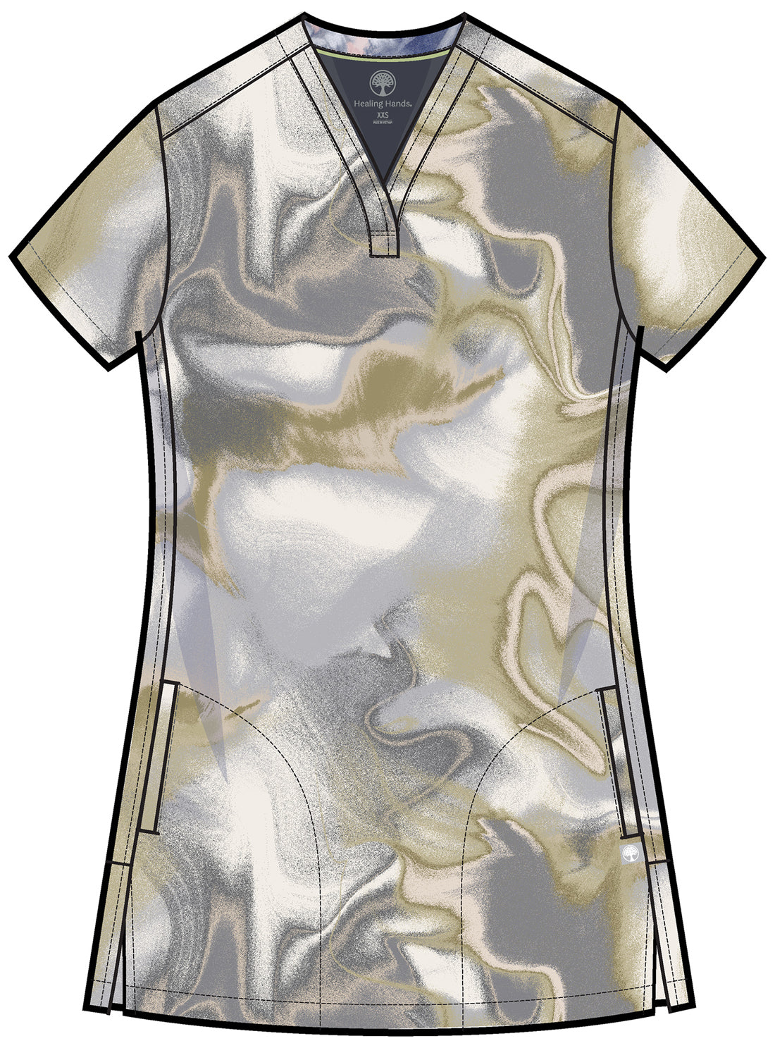 Silk Waves Healing Hands Scrubs Briana Print V Neck Top HH906 SKWV