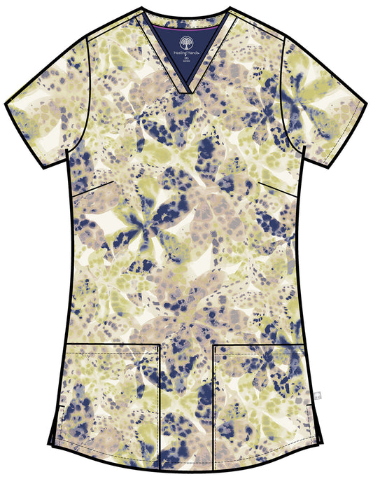 Orchid Rain Healing Hands Amanda Print Scrub V Neck Top HH910 ORRN