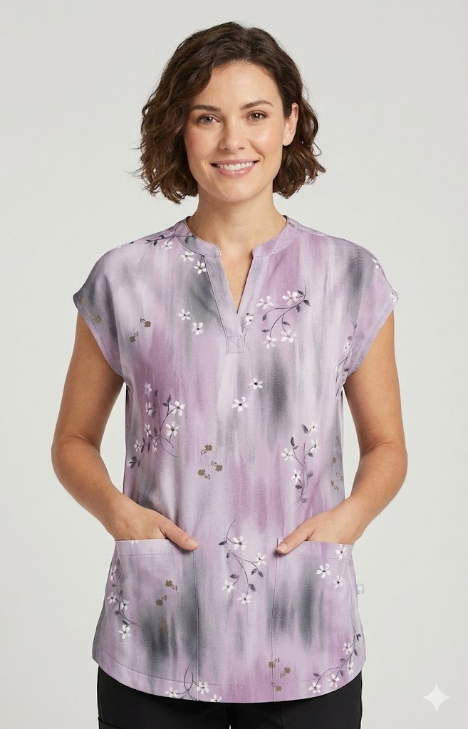 Blurrred Ditsy Healing Hands Journey Print Scrub V Neck Top HH912 BRDS