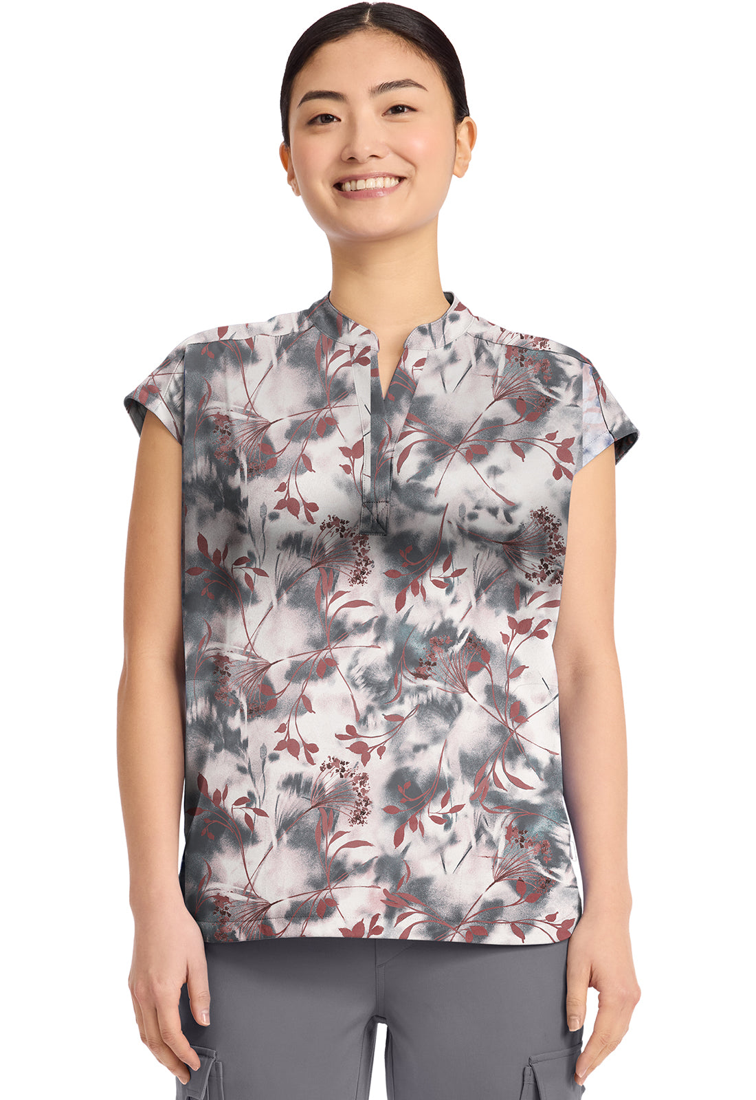 Blusa médica de cuello en V con estampado de manos curativas botánicas flotantes HH912 FLAB