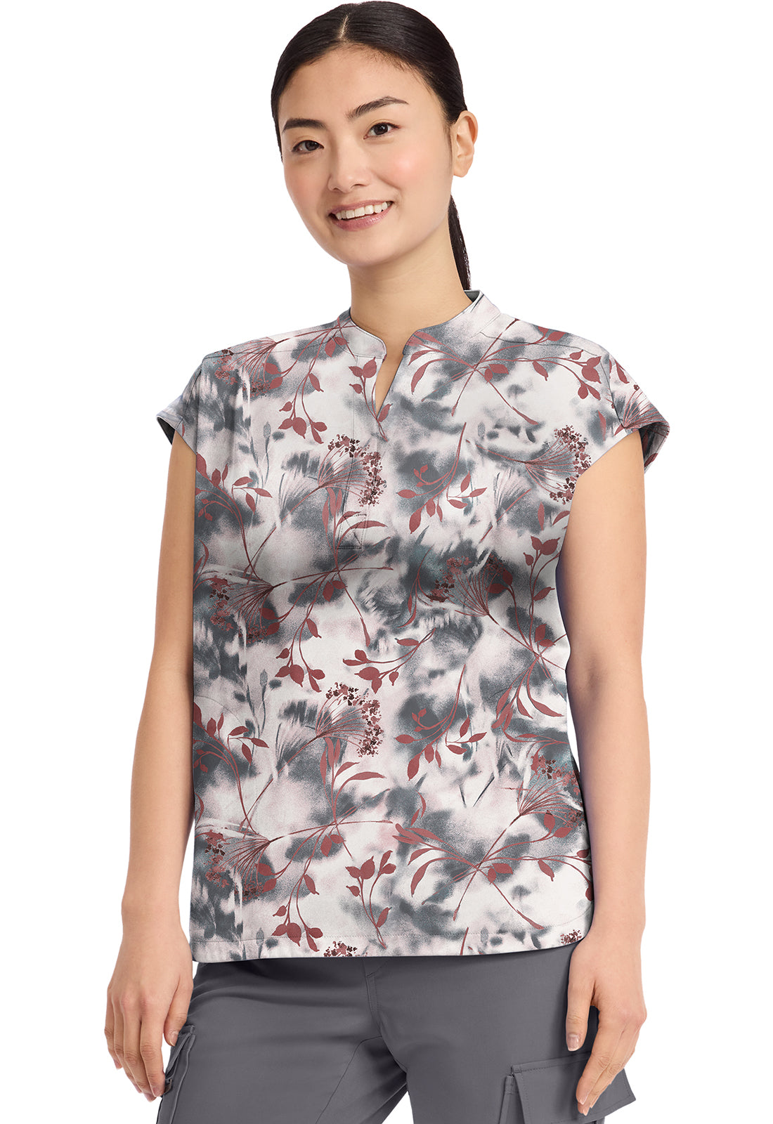 Blusa médica de cuello en V con estampado de manos curativas botánicas flotantes HH912 FLAB