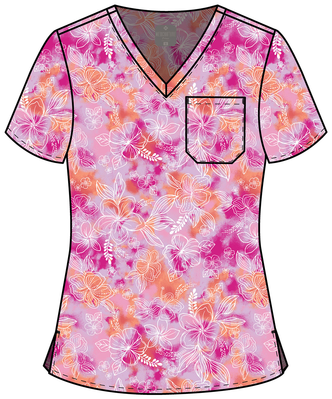 Hello Hibiscus Med Couture Print V Neck Scrub Top MC632 HOHI
