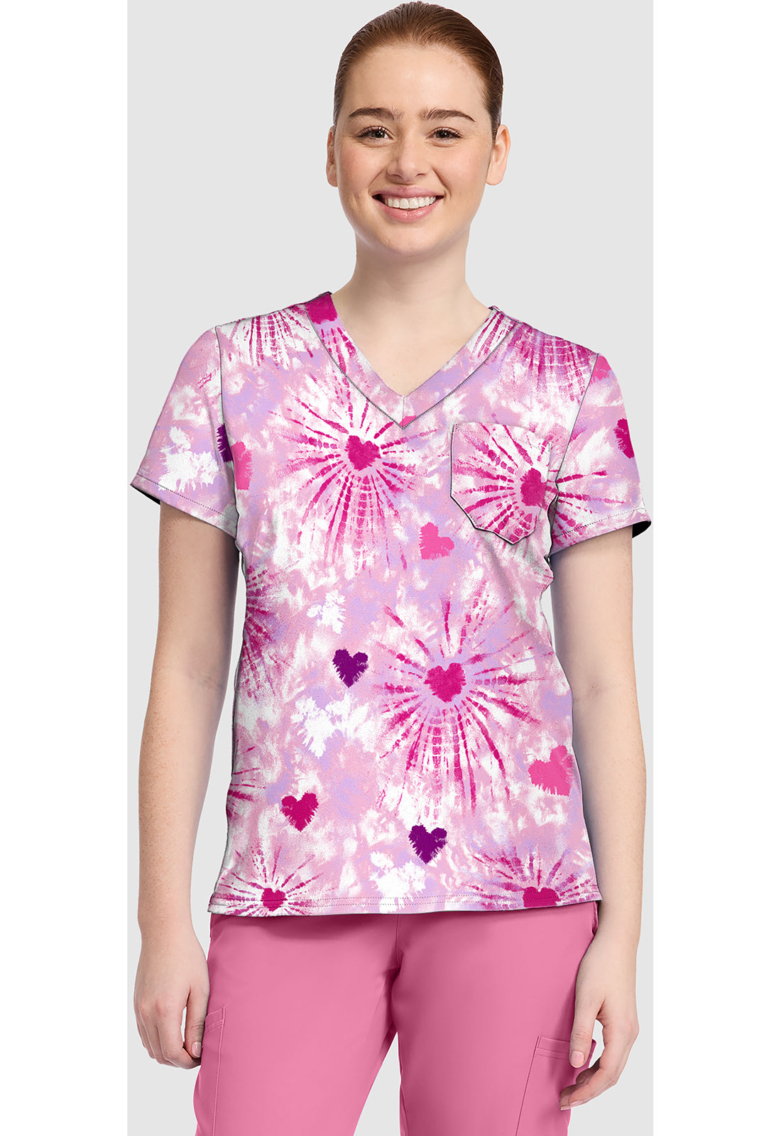 Tie Dye Hearts Med Couture Print V Neck Scrub Top MC632 TDHA