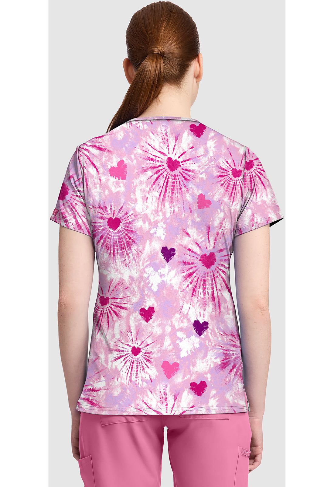 Tie Dye Hearts Med Couture Print V Neck Scrub Top MC632 TDHA
