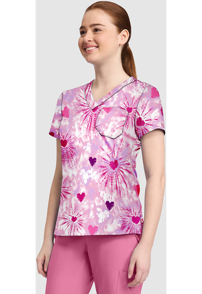 Tie Dye Hearts Med Couture Print V Neck Scrub Top MC632 TDHA