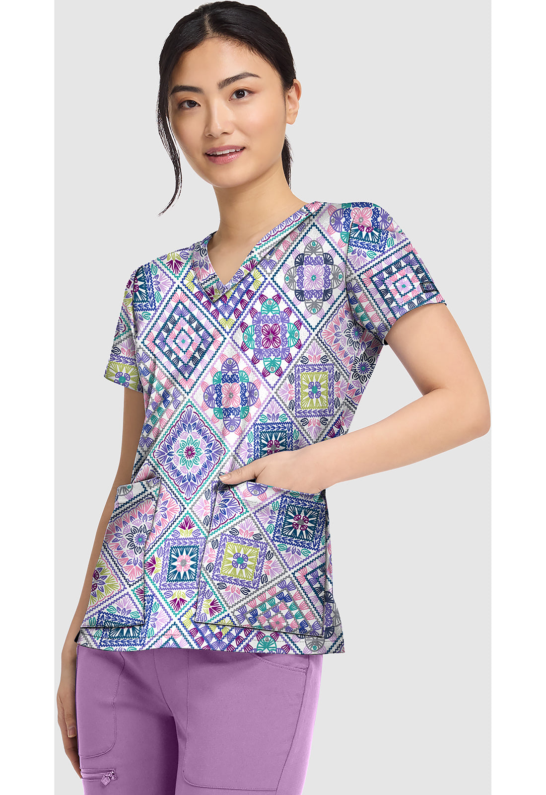 Crochet All Day Med Couture Print V Neck Scrub Top MC8564 CYDA