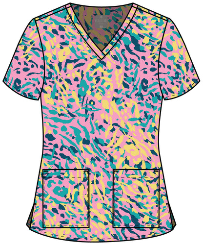 Tutti Fruitti Tiger Med Couture Print V Neck Scrub Top MC8564 TTFT