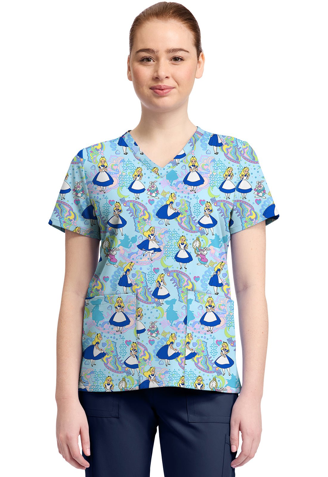 Alice In Wonderland Tooniforms Licensed Disney V Neck Scrub Top TF796 ALDL - Scrubs Select