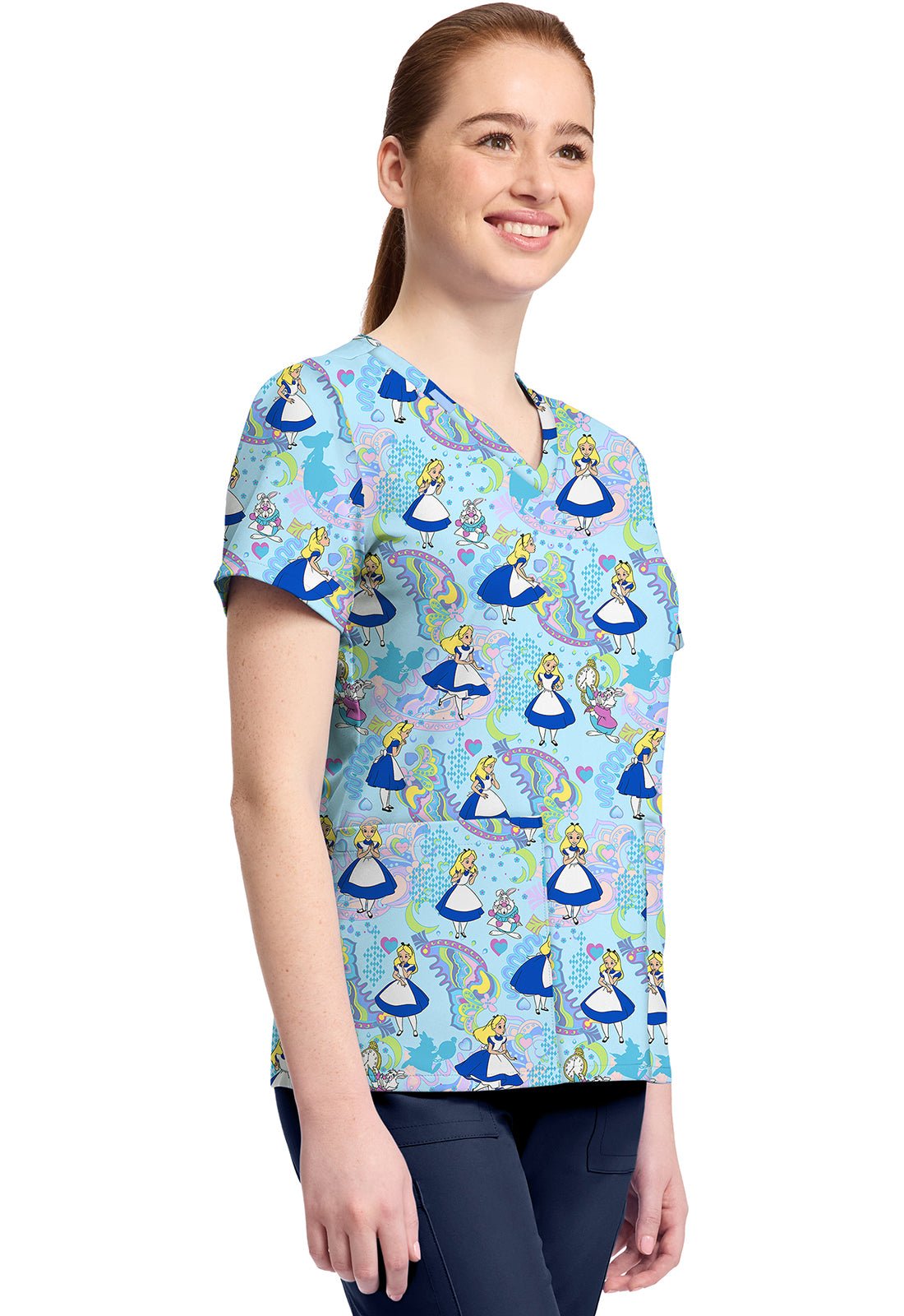 Alice In Wonderland Tooniforms Licensed Disney V Neck Scrub Top TF796 ALDL - Scrubs Select